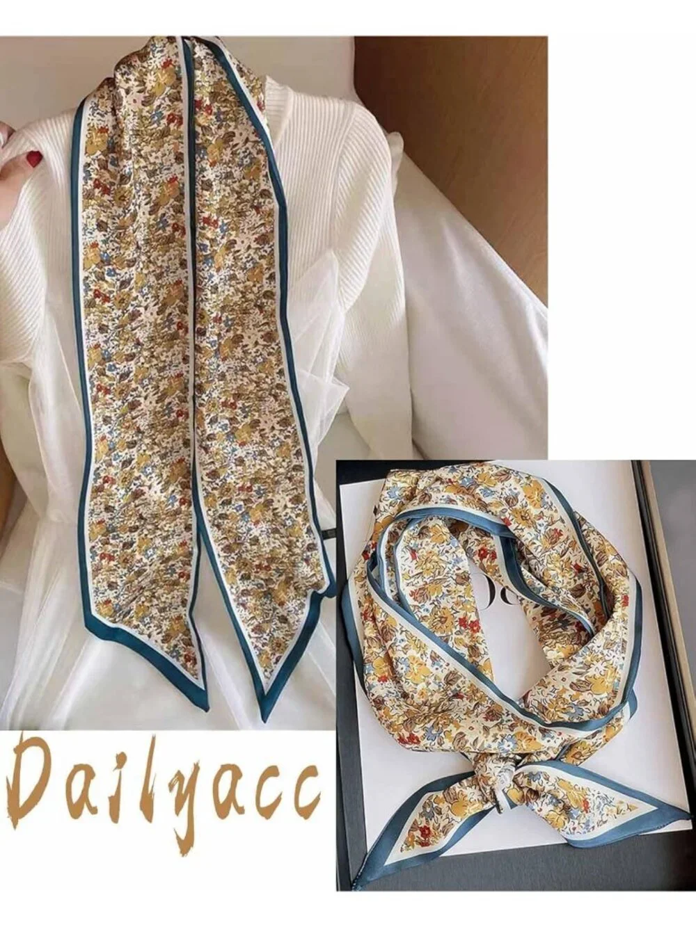 Women's Sea of Yellow Flower Silky Satin Headscarf Wrap Lightweight Scarve Scarf
